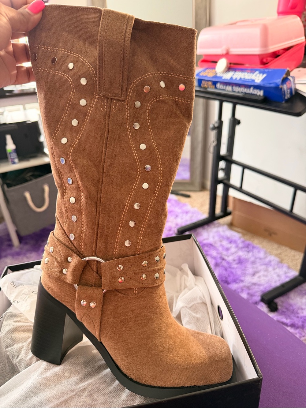 Mid-Calf Studded Suede Heeled Boots - Brown